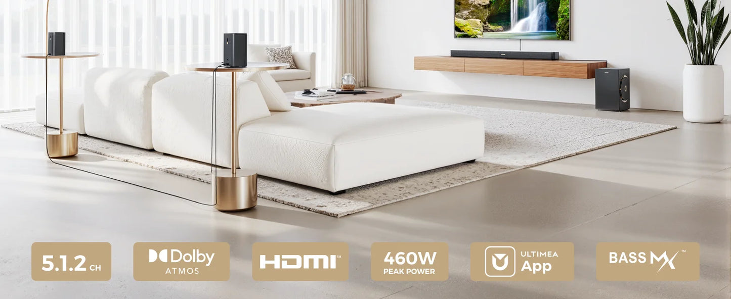 ULTIMEA 460W 5.1.2ch Sound Bar with Dolby Atmos, Surround Sound Home Theater System for TV with 2 Surround Speakers, APP Control