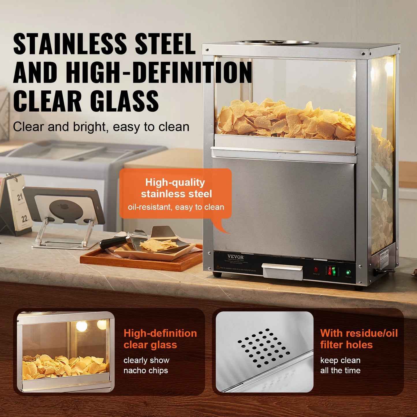 SucceBuy Commercial Nacho Chip Warmer 84.5QTNacho Machine  Deflection Board Stainless Steel for Nacho Chips Popcorn Potato Chips