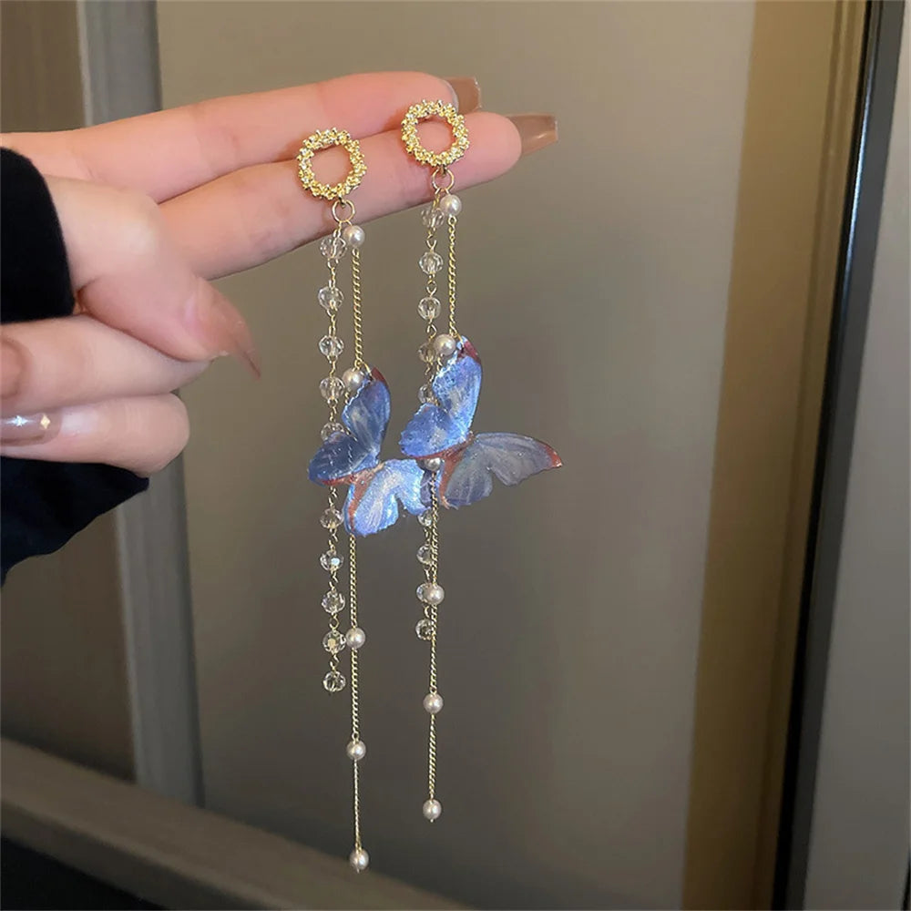 New Luxury Women Zircon Crystal Pearls Long Tassel Butterfly Earrings Stud Dangle Jewelry Gifts