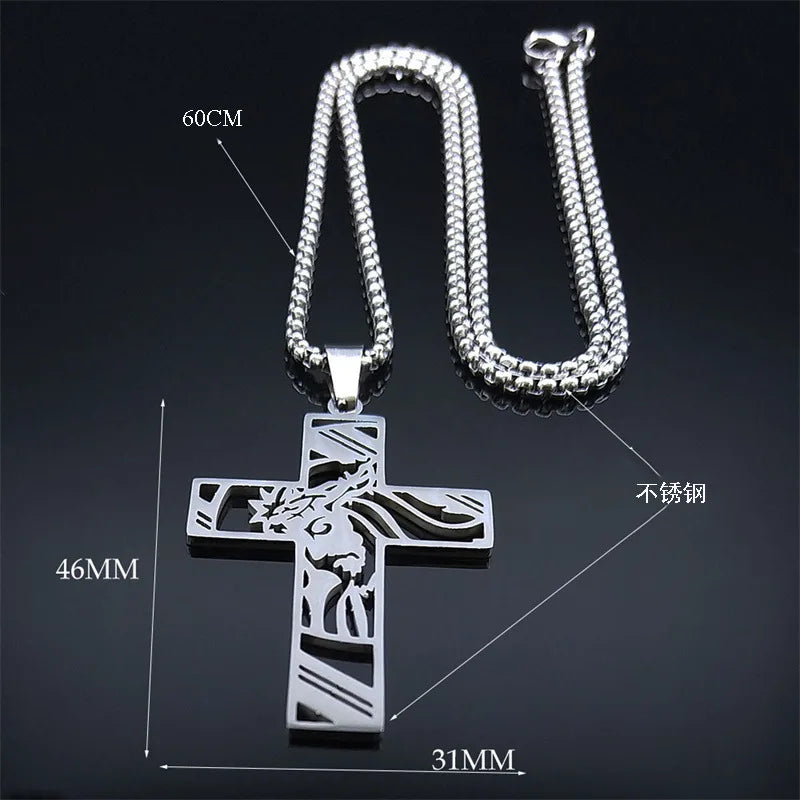 Hip Hop Punk Crown of Thorns Jesus Cross Necklace for Men Stainless Steel Gold Plated Crucifix Pendant Necklaces Jewelry