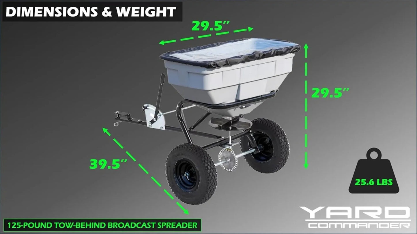 125 LB Tow Behind Lawn & Garden Broadcast Spreader - Seed, Fertilizer, Salt, Ice Melt-Gate Lever for Easy Spread Control