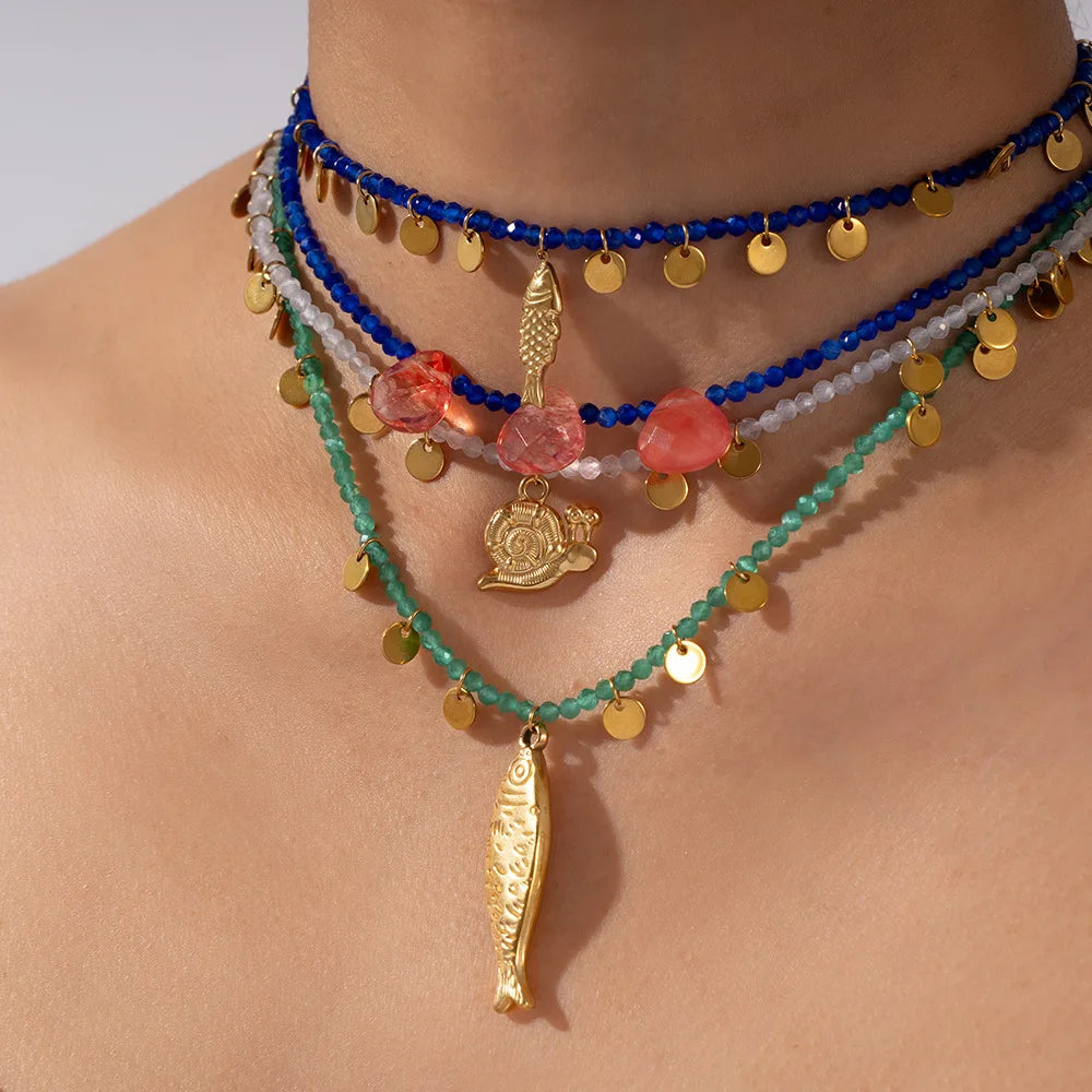 Bohemian Tassel Beaded Chain Necklaces For Women Stainless Steel Fish Pendant Necklace Waterproof Stackable Jewelry Gifts