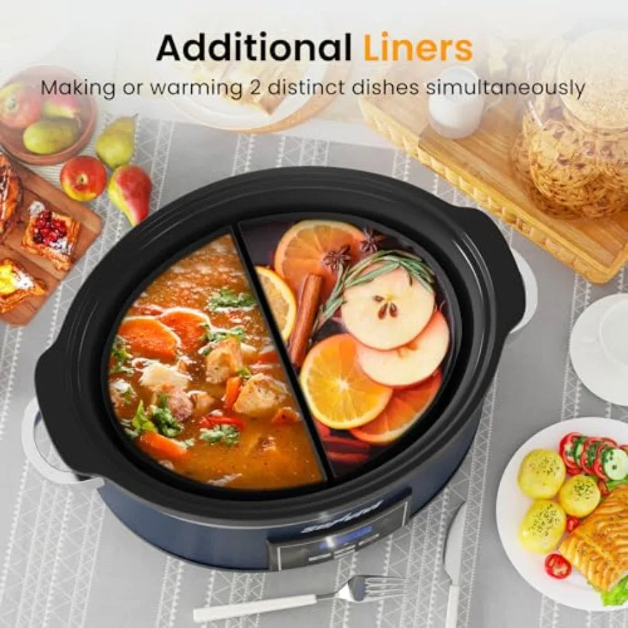 Programmable Slow Cooker Multi-Cooker with 2 in 1 Silicone Liners 6 QT Food Warmer Digital Timer 3 Adjustable Temp Dishwasher S