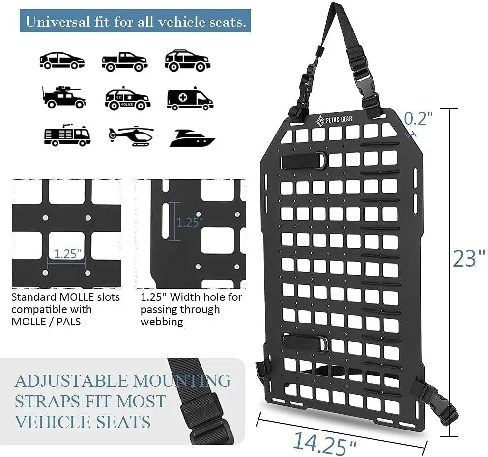 Tactical Car Seat Back Organizer with Rigid Molle Panels for Vehicle Gear Storage and Truck Mount Rack Accessories