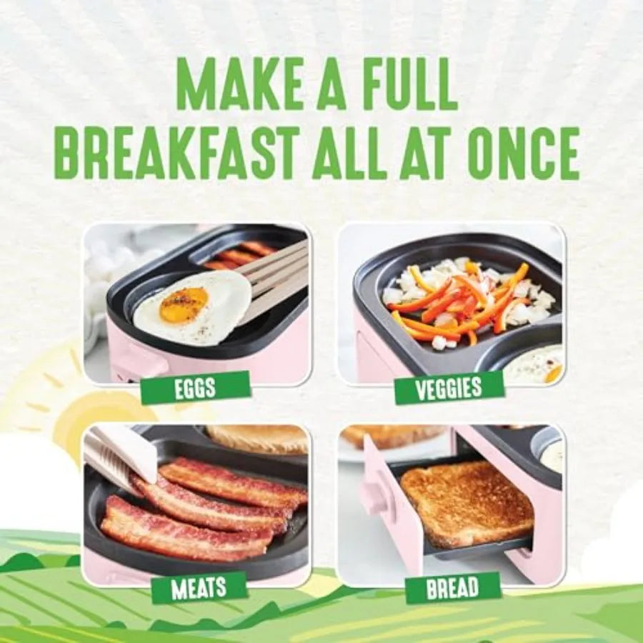 3-in-1 Breakfast Maker Station Healthy Ceramic Nonstick Dual Griddles for Eggs Meat Sausage Bacon Pancakes and Breakfast Sandwi