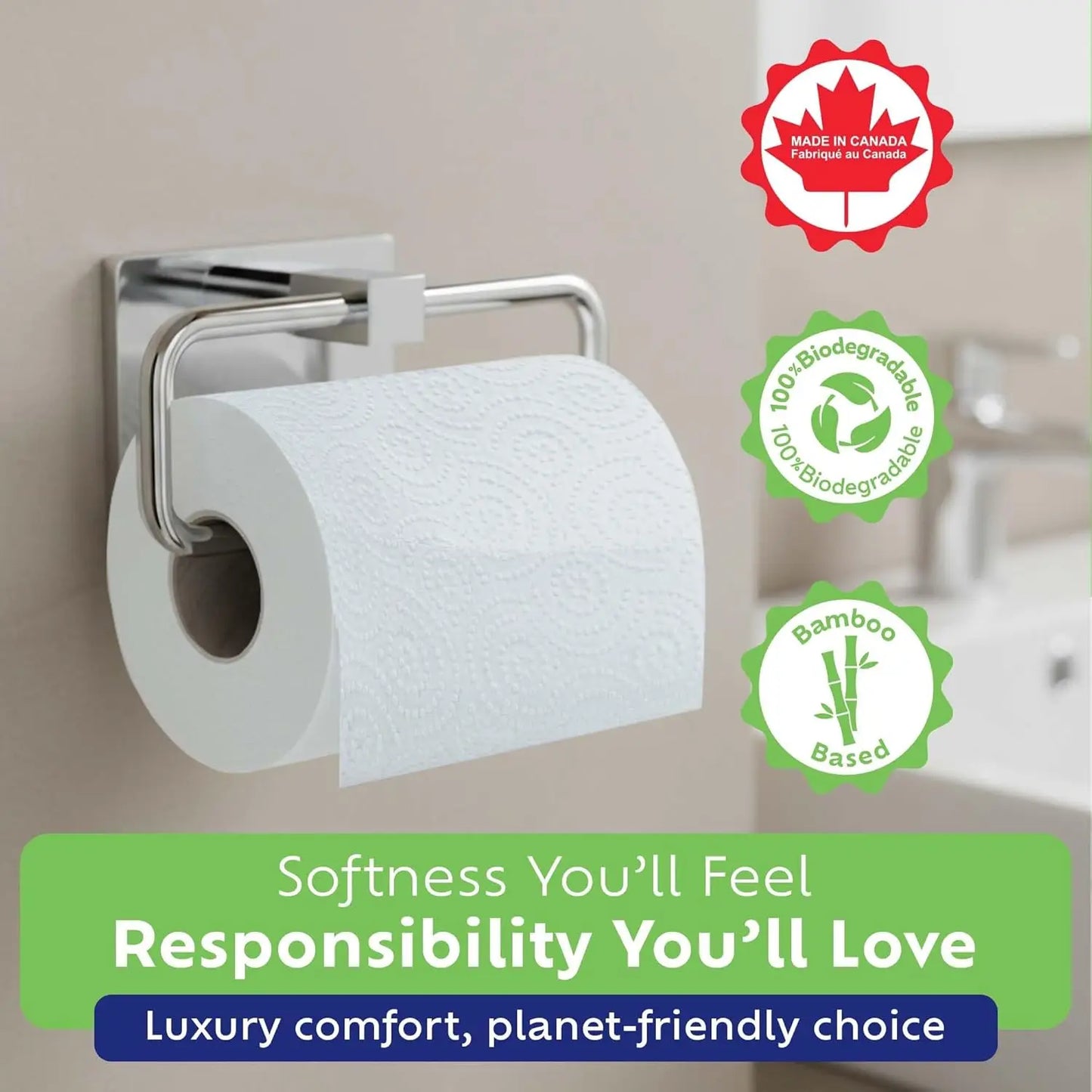 Eco-Friendly Bamboo Toilet Paper, Septic Safe 2-Ply 12 Rolls, Soft Unscented RV Tissue PFAS Free Made in Canada
