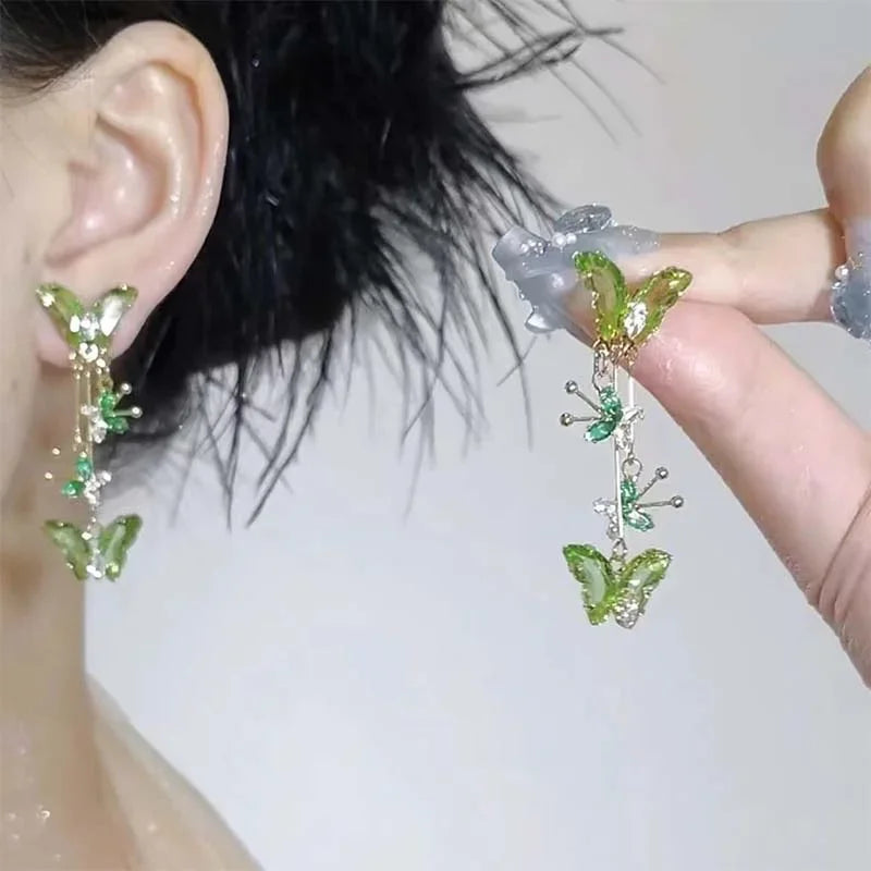 New Fashion Shiny Crystal Butterfly Long Tassel Earrings For Women Exquisite Zircon Pearl Elegant Temperament Earring Jewelry