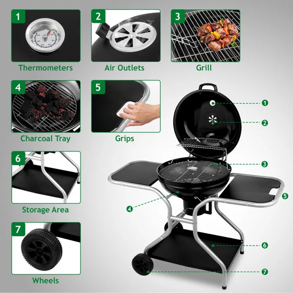 Kettle Charcoal Grill with 2 Side Tables, Storage Shelf, Upgraded Ash Catcher,Outdoor Cooking Barbecue Grill with Wheels