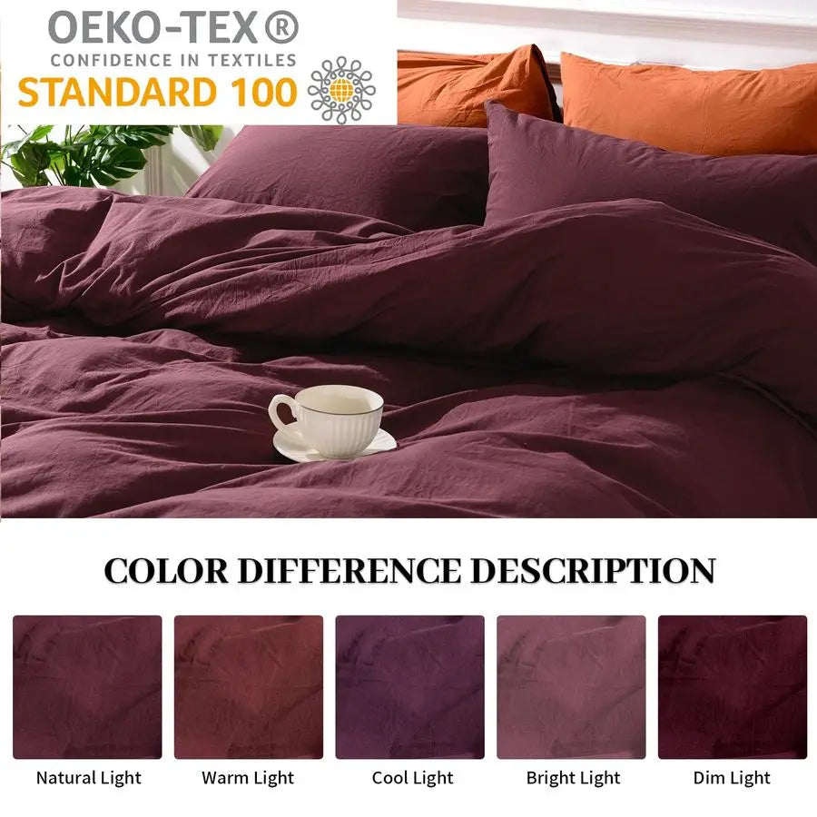 Duvet Cover Set Queen Size Linen Look Textured 100 Washed Cotton Duvet Cover Burgundy Dark Red 3 Pieces Bedding Set with Zipper