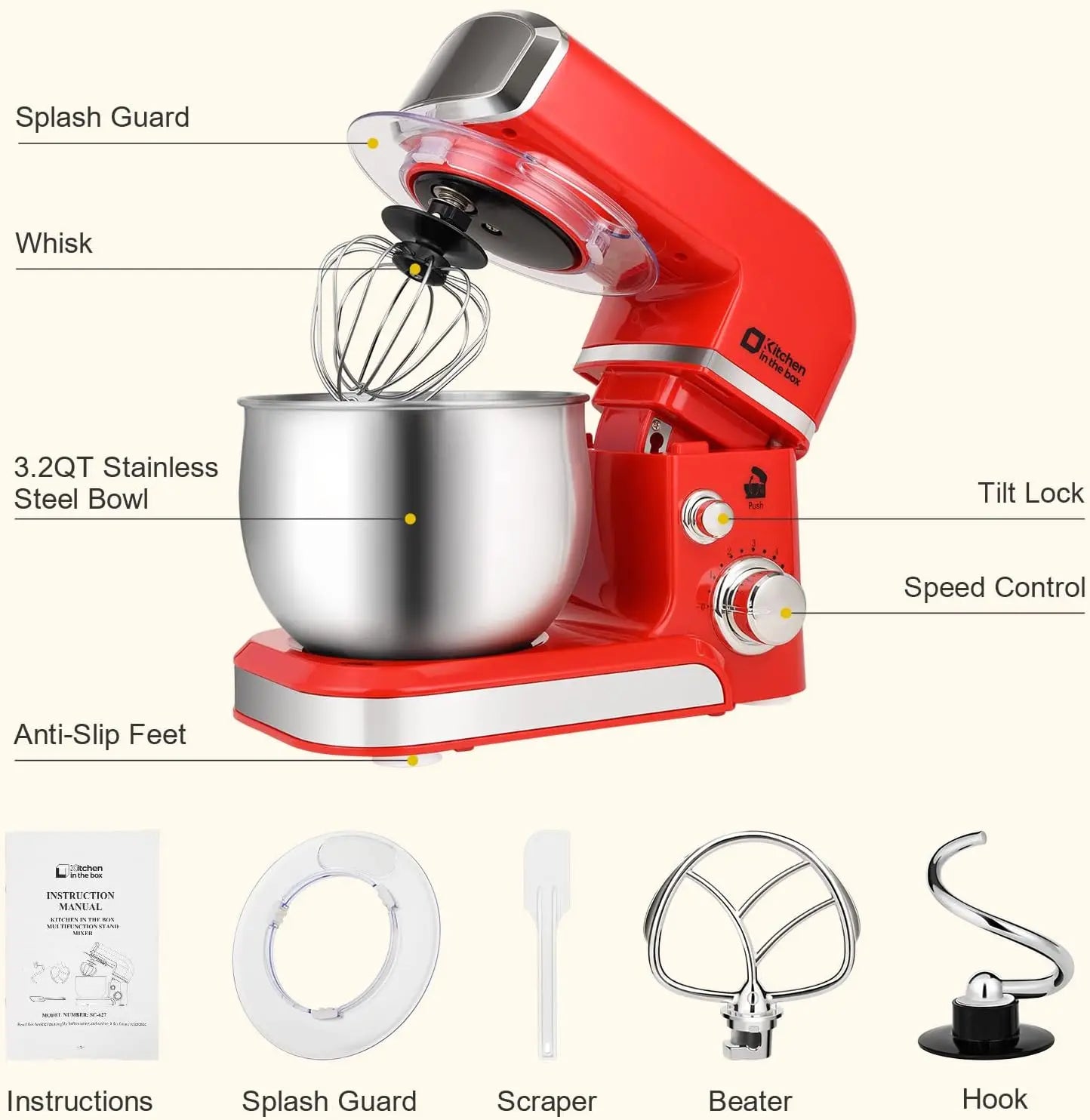 Stand Mixer, 3.2Qt Small Electric Food Mixer,6 Speeds Portable Lightweight Kitchen Mixer for Daily Use with Egg Whisk,Dough