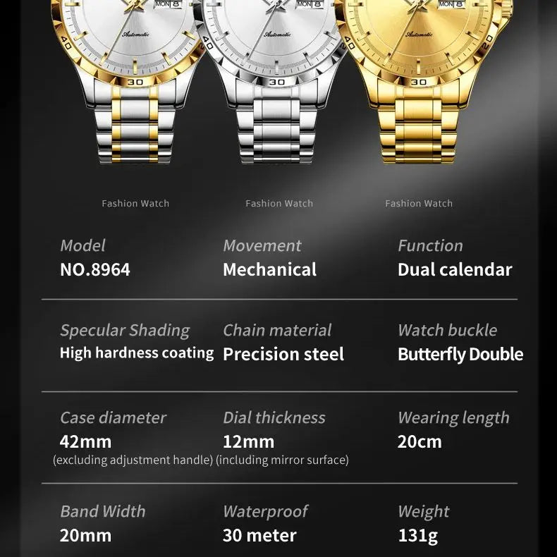 JSDUN 8964 Luxury Brand Men Watch Auto Date Deep Waterproof Stainless steel High Quality Automatic Mechanical Watch for Men