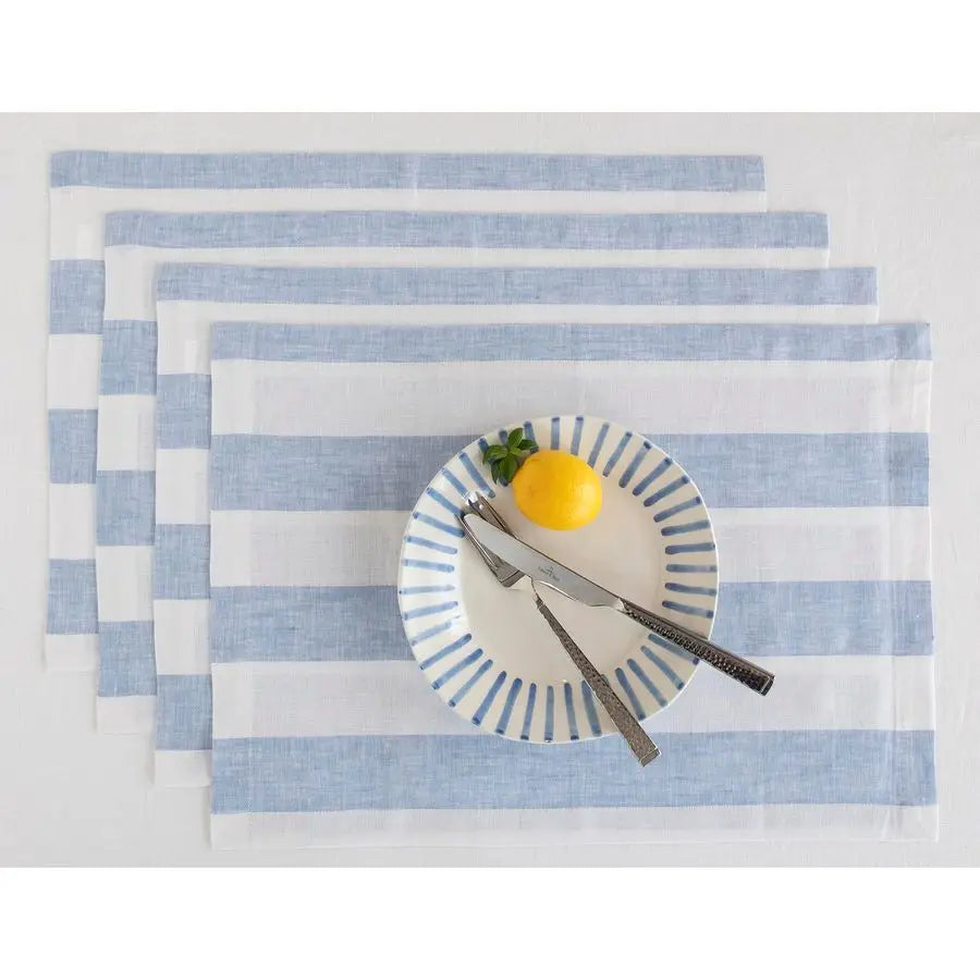 Linen Placemats Set of 4 Cabana Stripe Sky Blue and White Placemats 14 x 19 Inch 100 Pure Linen Place Mats for Spring, Easter