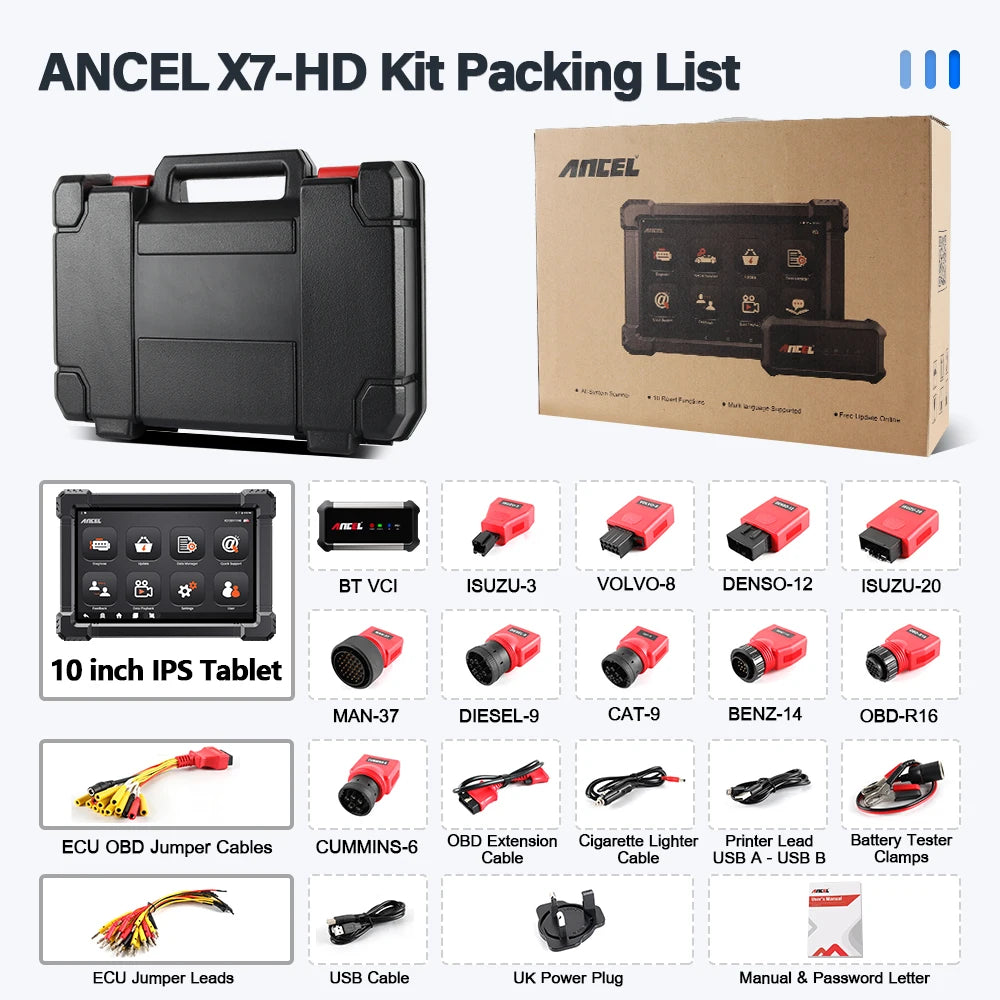 2026 Ancel X7 HD Diesel Heavy Duty Truck Diagnostic Tool ECU Oil Reset Bi-directional 24V 12V All System OBD2 Truck Scanner