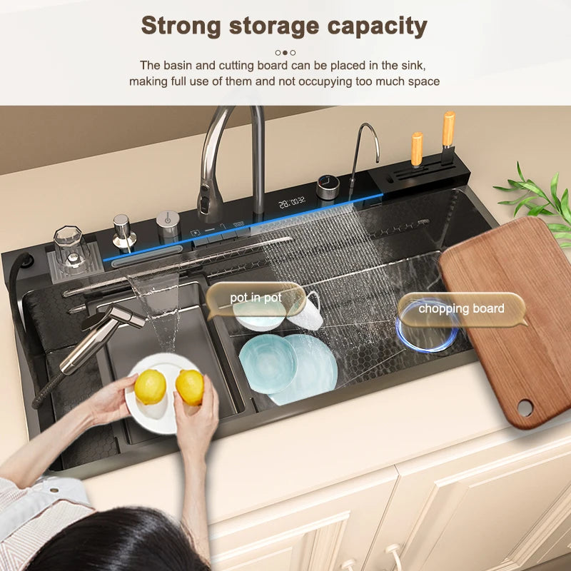 Stainless Steel Waterfall Kitchen Sink New Embossed Extra Large Single Slot Modern Digital Display Multifunctional Kitchen Sinks