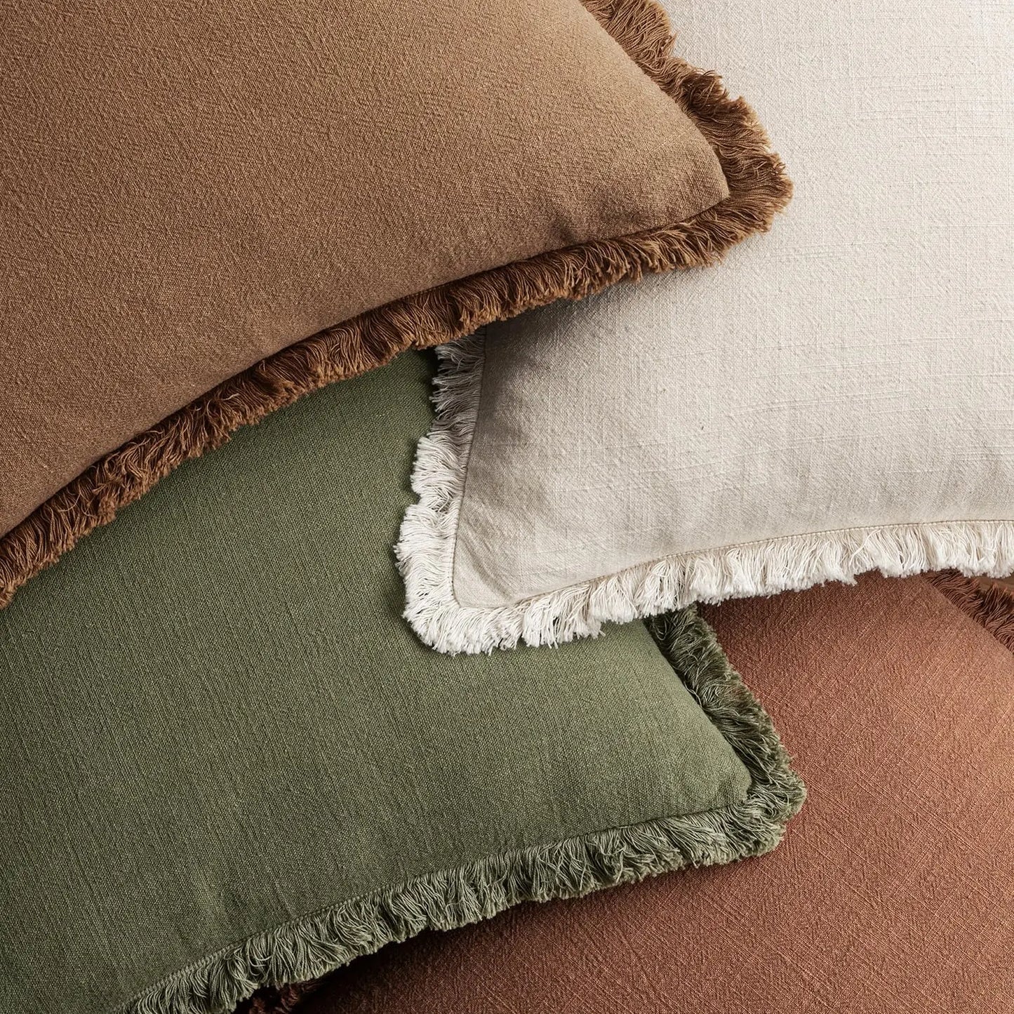 Set of 4 Linen Fringe Throw Pillows, 20x20 Inch Neutral Beige/Brown/Green Covers for Sofa Bed Living Room Farmhouse Decor