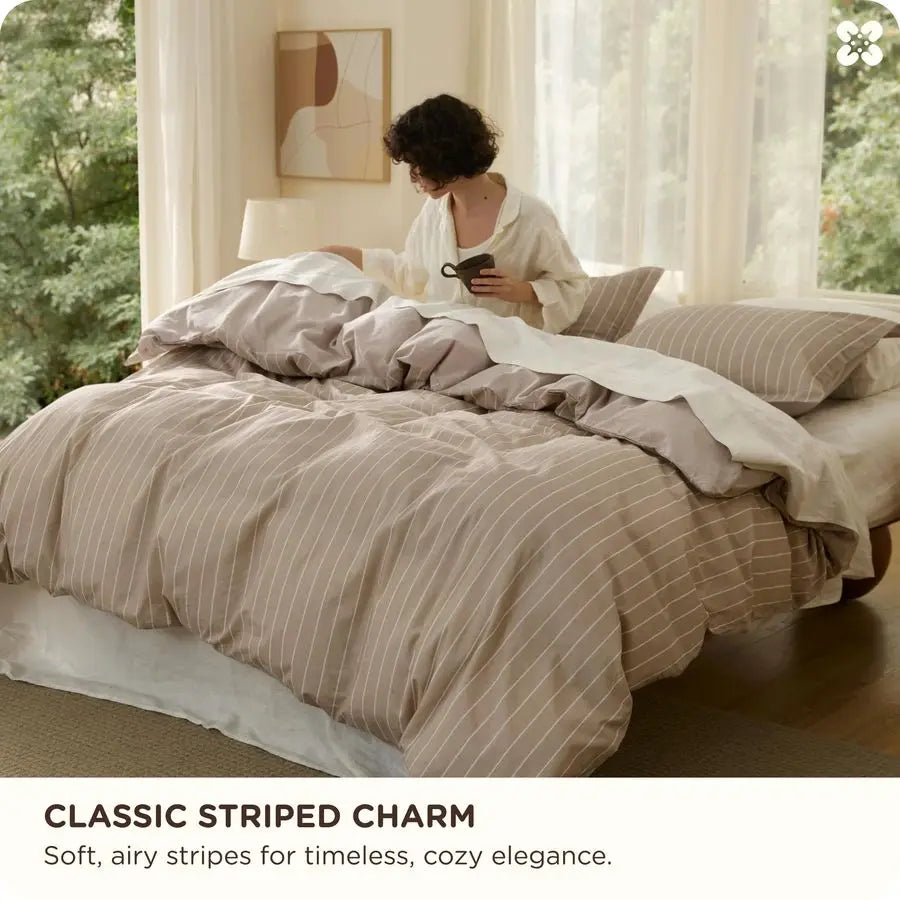 Striped Duvet Cover King Size,100 Washed Cotton Duvet Cover Linen Like Textured, Classic Striped Pattern Enhances Bedroom Comfor