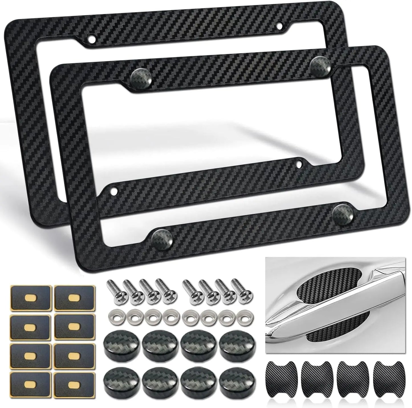 Carbon Fiber License Plate Frames - Black Pattern Plastic Front & Rear Car Tag Holder Cover 2 Pack with Mount Hardware