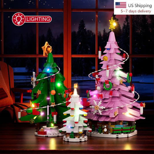 Three Christmas Trees with Led Strips Building Blocks Kit 743 PCS DIY Home Decor Assembly Toy Holiday Gift for Kids New Year Set