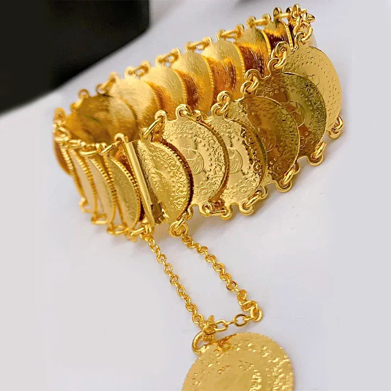 Luxury Gold Plated Ottoman Turkish Totem Chain Bracelet Coin Cuff Bangles for Bridal Ethnic Women's Jewelry Bijoux