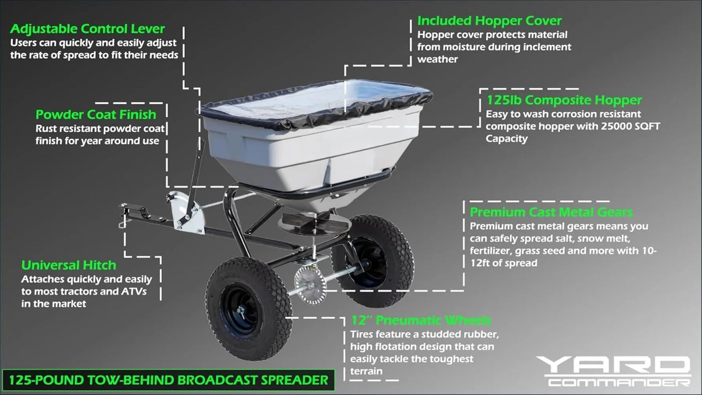 125 LB Tow Behind Lawn & Garden Broadcast Spreader - Seed, Fertilizer, Salt, Ice Melt-Gate Lever for Easy Spread Control
