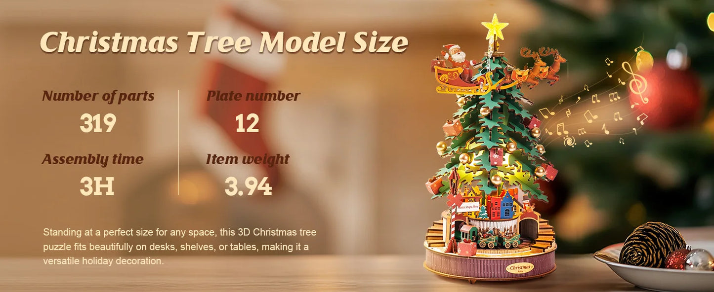 Robotime 3D Wooden Puzzles Music Box Christmas Melody Tree Wooden Model Kits for Adults to Build Best Gifts for Adults and Kids
