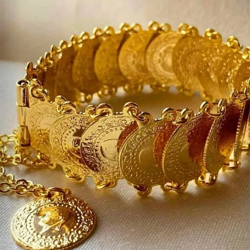 Luxury Gold Plated Ottoman Turkish Totem Chain Bracelet Coin Cuff Bangles for Bridal Ethnic Women's Jewelry Bijoux