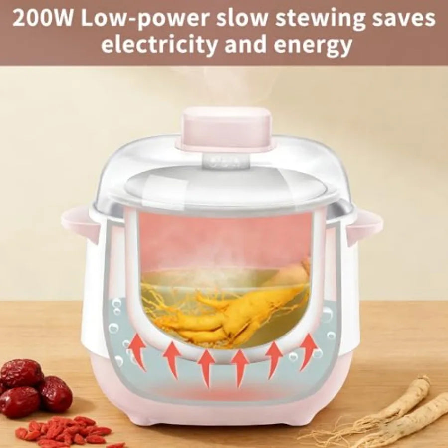 Pink 1L Ceramic Slow Cooker with Steamer Basket 200W Mini Electric Stew Pot 24-Hour Delayed Start Auto Keep-Warm Household Kitc