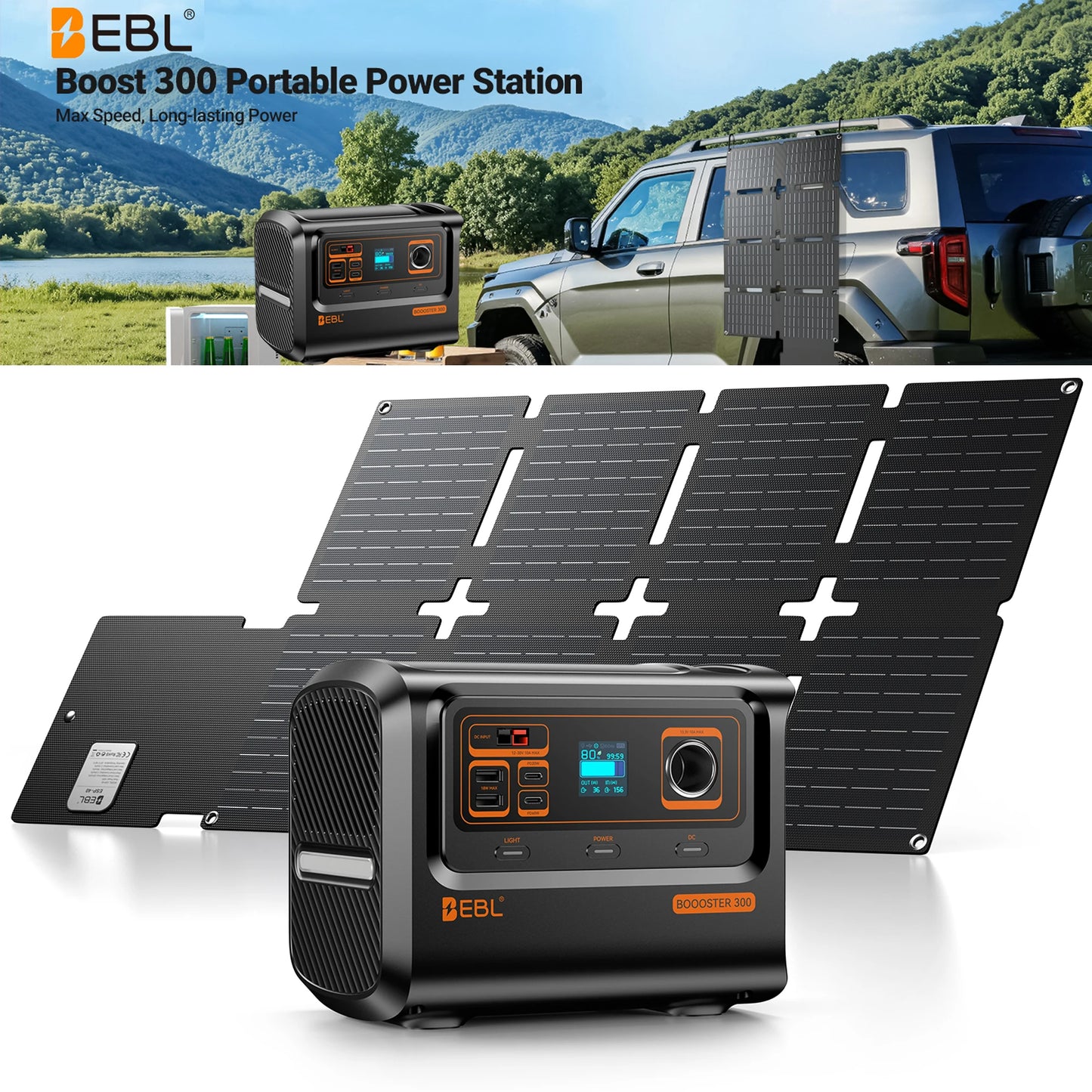 EBL 300W Portable Power Station with 40W Solar Panel, AC/60W USB-C Fast Charging, 238Wh LiFePO4 Solar Generator for Camping Home
