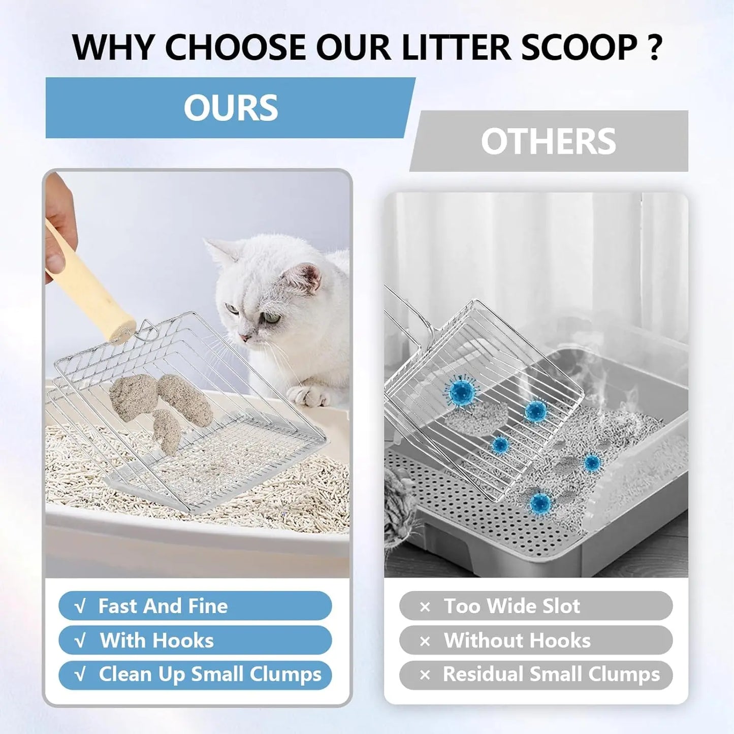 Stainless Steel Cat Litter Scoop with Wooden Handle, Dual-Mesh Sifter and Wall Hook for Easy Cleaning