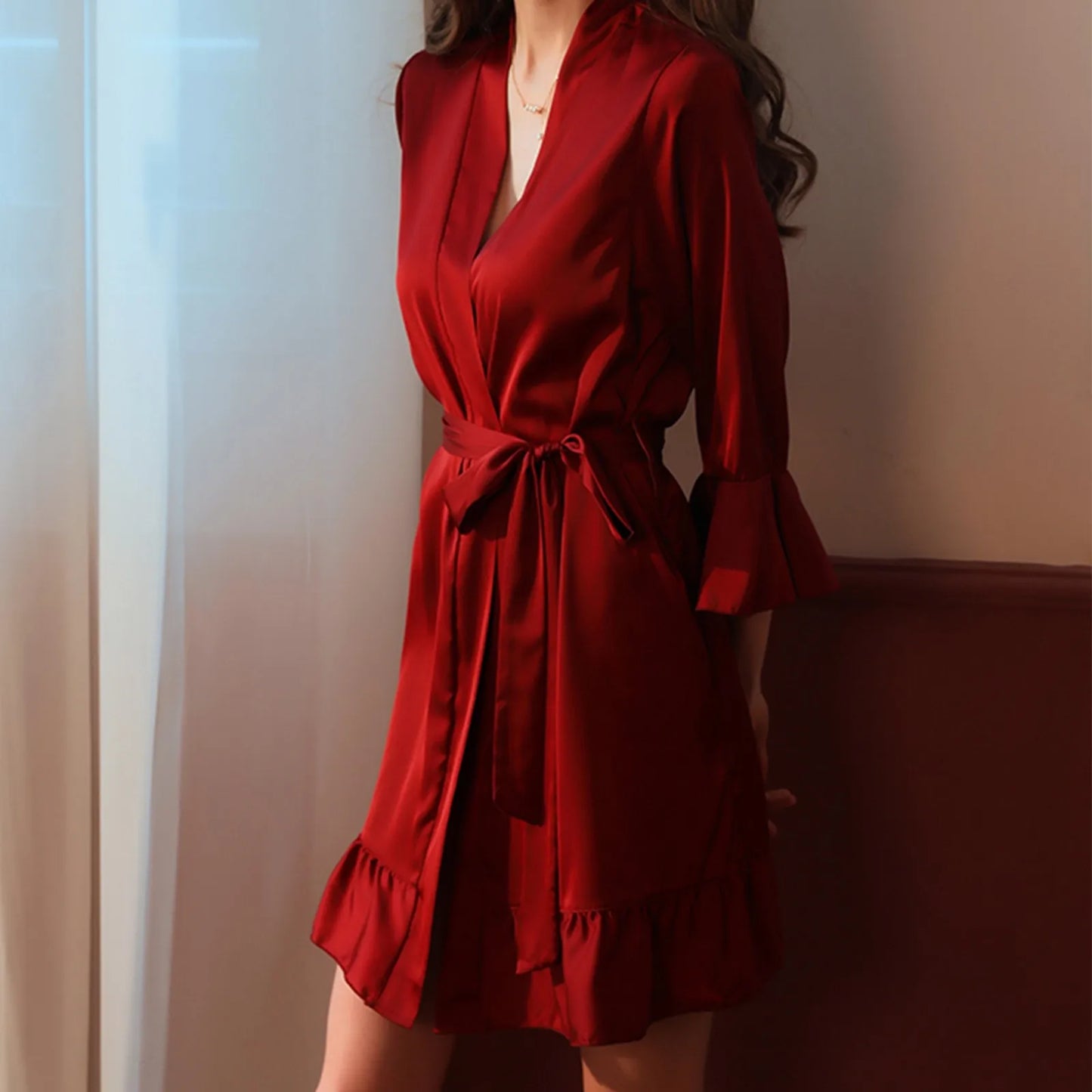 Sexy Lingerie For Women Autumn Winter Bride Robe Seductive Silk Kimono Ruffled Sleeves Sleepwear Kimono For Women New Pijama