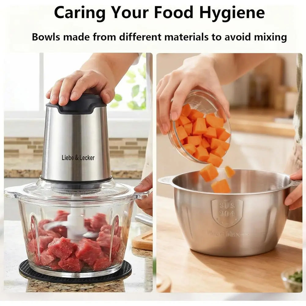 Meat Grinder with 2 Bowls 8 Cup and 8 Cup, Electric Vegetable Chopper with 4 Large Blades for Fruits, Meat, Vegetables, Baby Foo