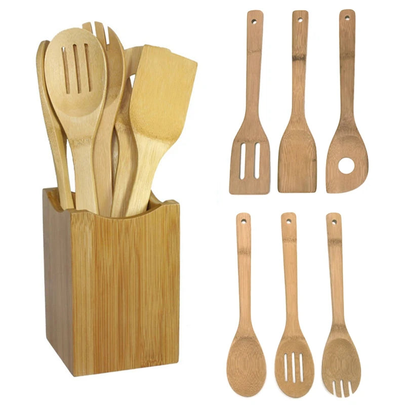 6 Pieces Bamboo Spoon Spatula Kitchen Utensil Wooden Cooking Tool Mixing Set Cuisine Outils Accessoires