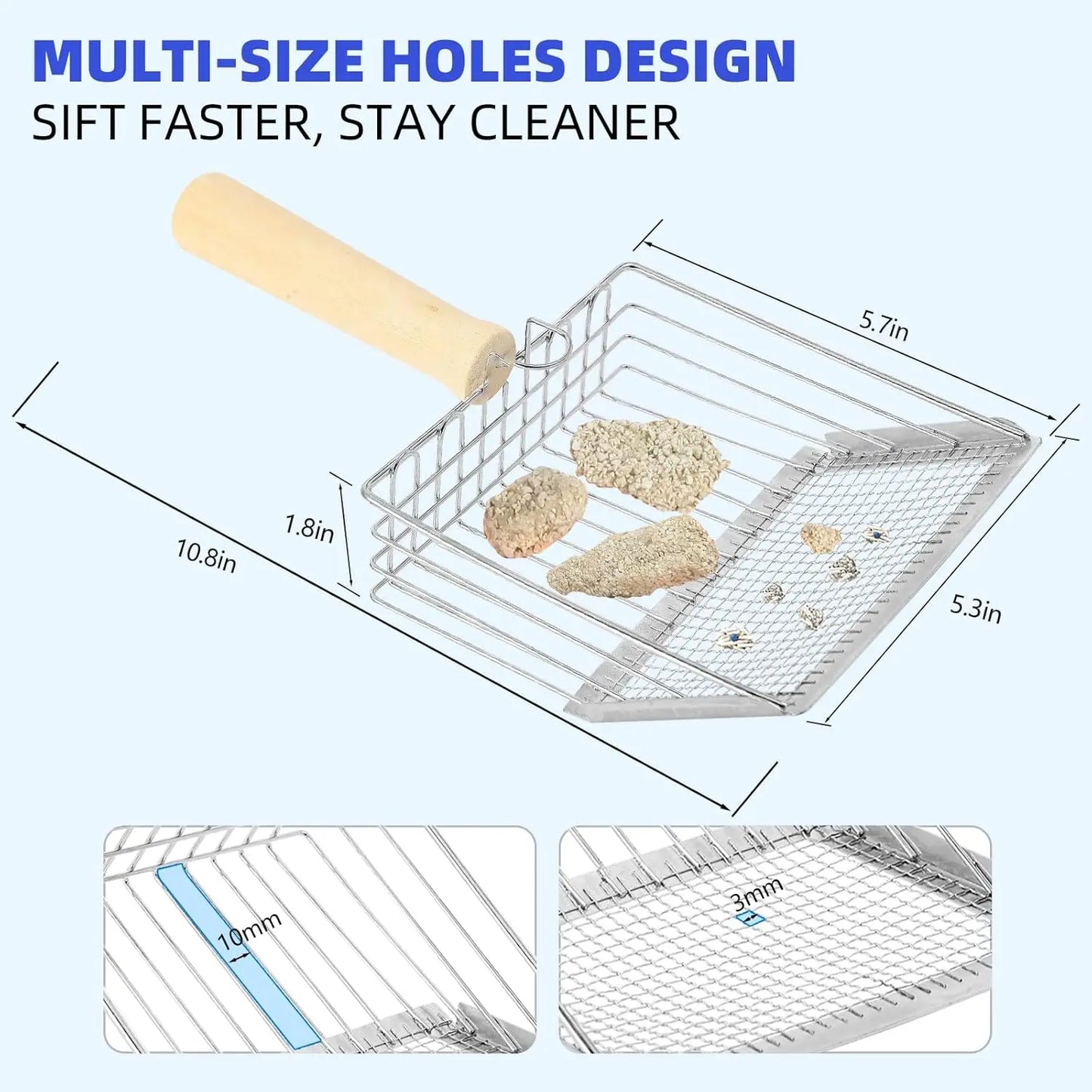 Stainless Steel Cat Litter Scoop with Wooden Handle, Dual-Mesh Sifter and Wall Hook for Easy Cleaning