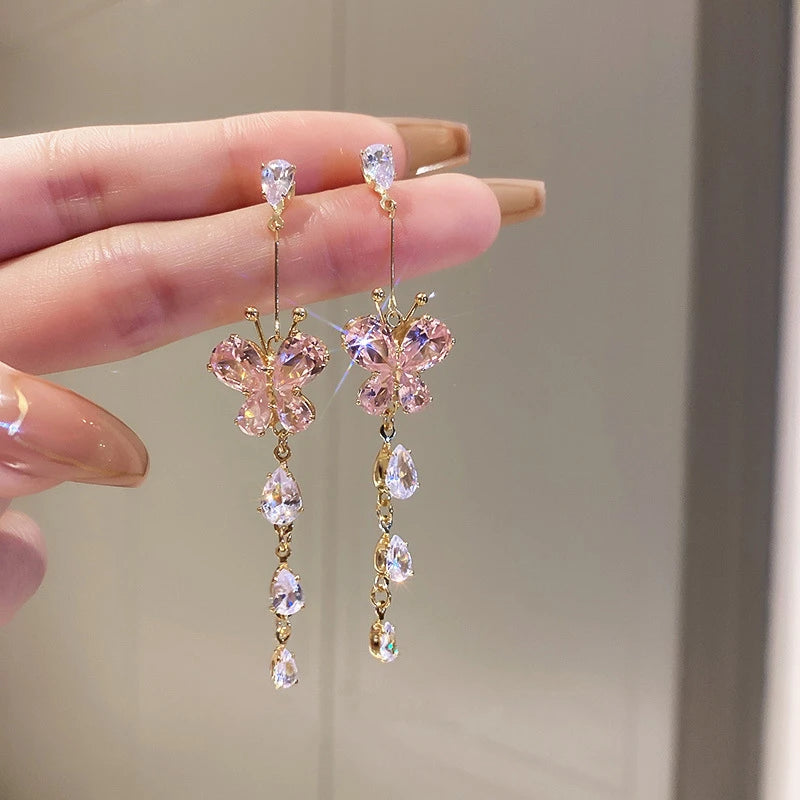 New Fashion Shiny Crystal Butterfly Long Tassel Earrings For Women Exquisite Zircon Pearl Elegant Temperament Earring Jewelry