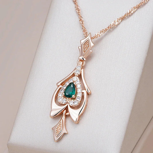 Hot 585 Rose Gold Color Pendant Necklace for Women Crystal Flower Green Natural Zircon Accessories Daily Vintage Jewelry Pet urn