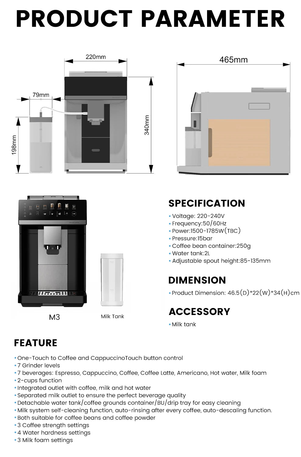 MCILPOOG M3 Automatic Espresso Coffee Machine With Milk Frother