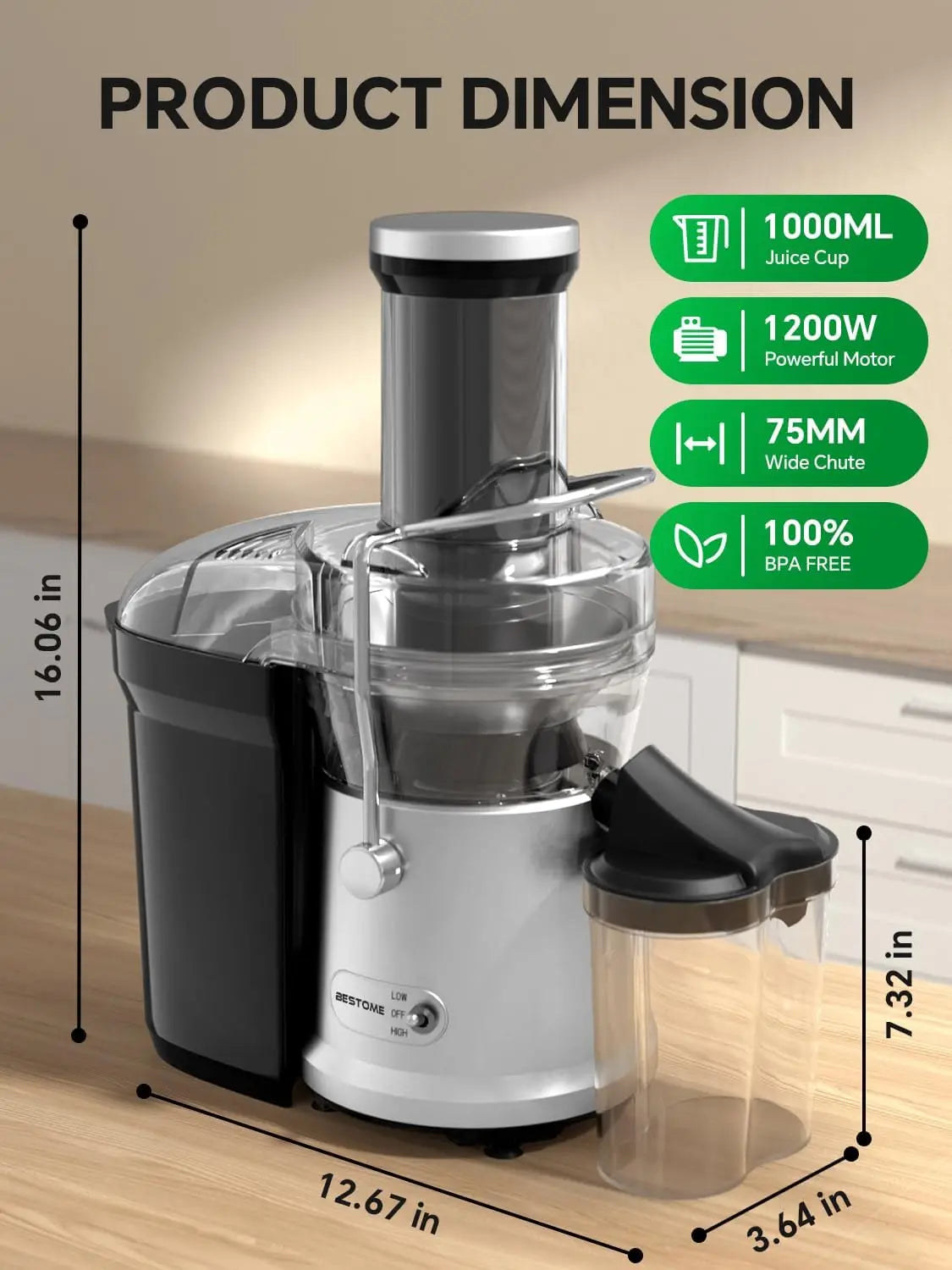 Juicer Machine, 1200W Juicer with 3' Feed Chute for Whole Fruits and Veg, Dual Speeds Centrifugal Juice Extractor, High Juice