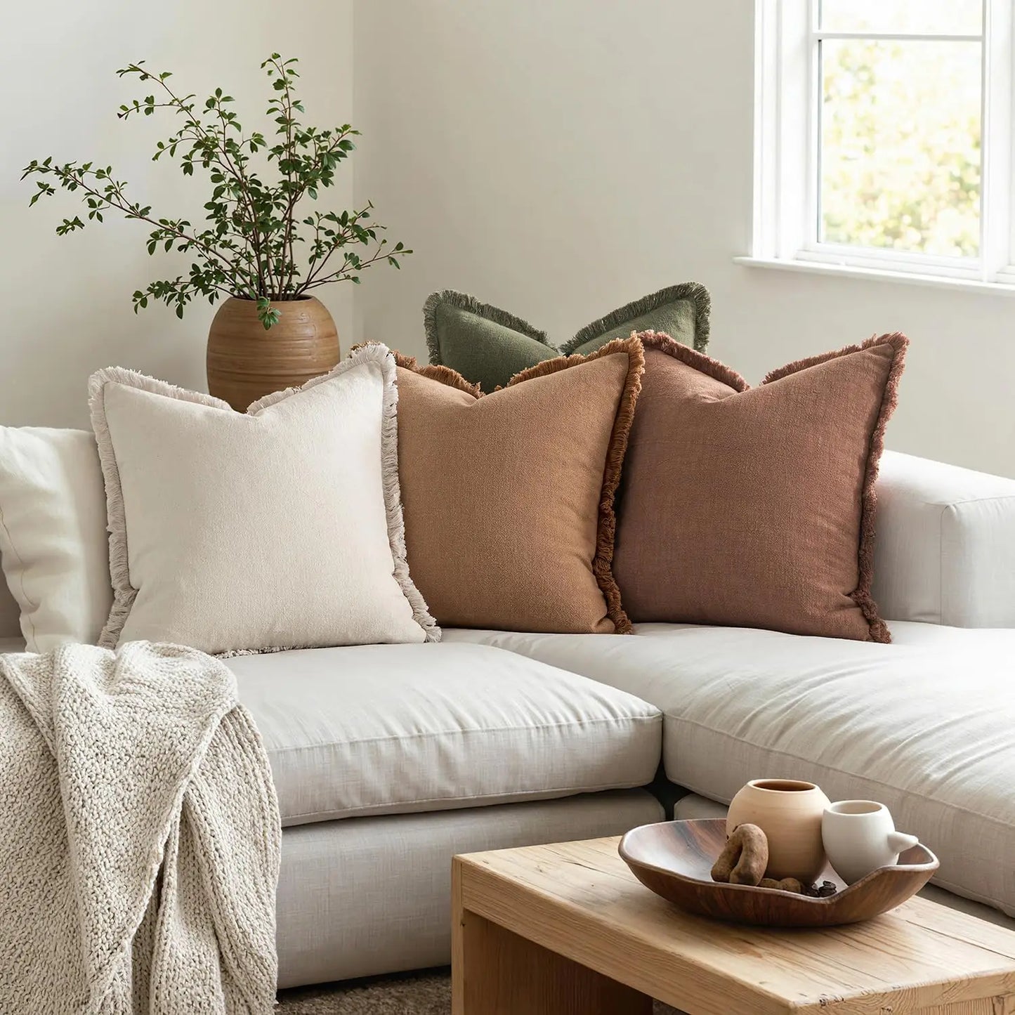 Set of 4 Linen Fringe Throw Pillows, 20x20 Inch Neutral Beige/Brown/Green Covers for Sofa Bed Living Room Farmhouse Decor