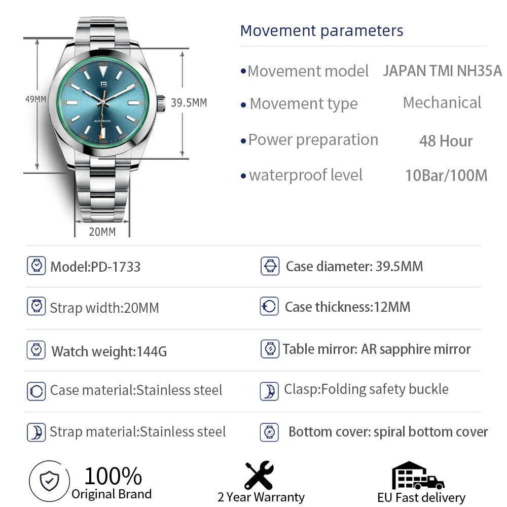 PAGANI DESIGN 2025 New Green Glass Men's Mechanical Watches Automatic Watch Men AR Sapphire crystal Stainless steel Wristwatch