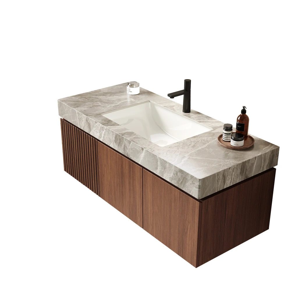 48" Bathroom Vanity with Sink, Wall-Mounted Plywood Bathroom Storage Cabinet with Drawer and Doors, Light Gray Sintered Stone