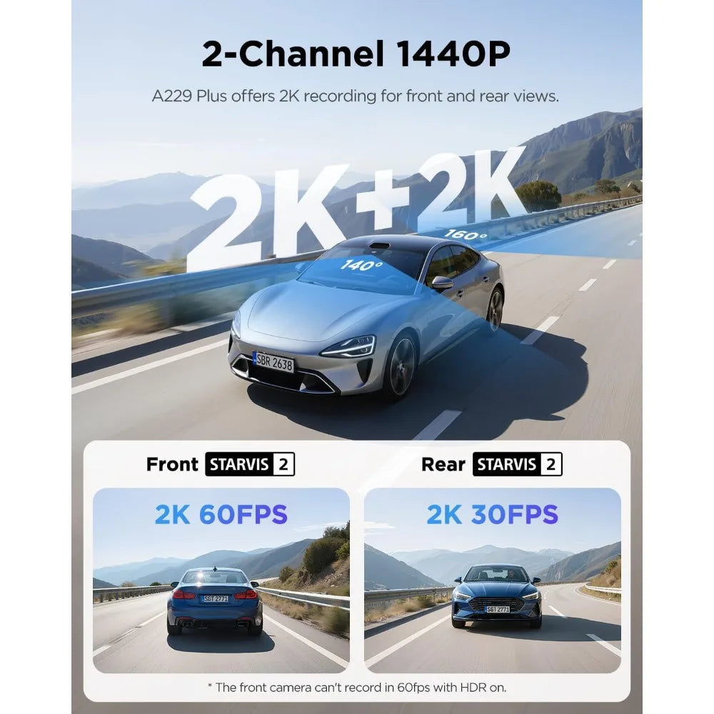 Front and Rear Dash Cam Dual Channel HDR 1440P 5GHz WiFi Voice Control Ultra Precise GPS Car Camera