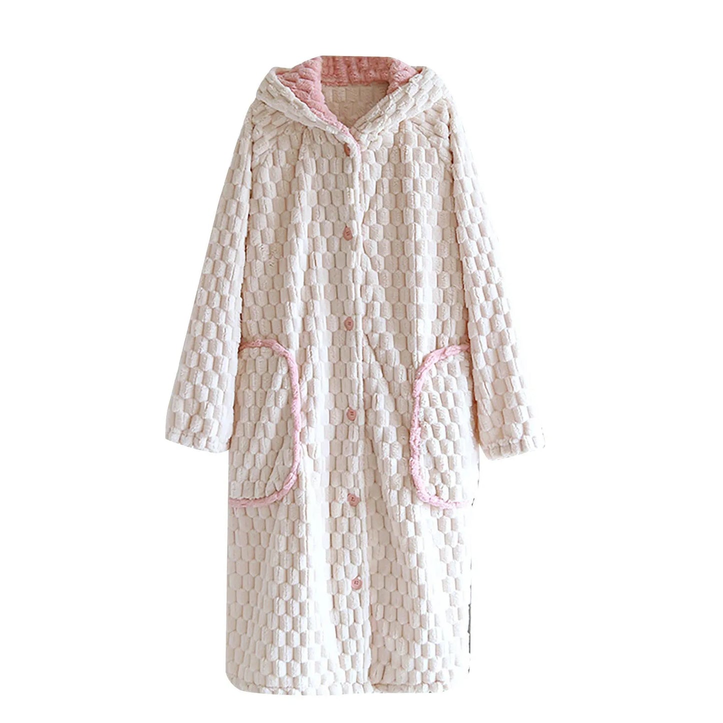 Women'S Loose Hooded Robe Nightgowns With Thick Plush Long Autumn Winter Coral Fleece Bathrobe With Big Pockets Woman Nightwear