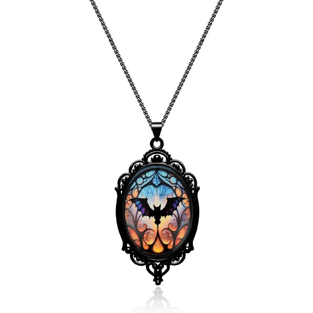 Gothic Necklace, Witch Raven Locket Necklace as Goth Accessories for Halloween Costume Jewelry for Women, Bat Pendant Rose Vampi