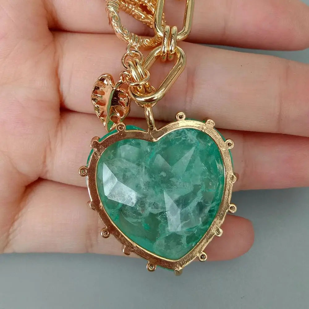 KKGEM  32mm Green Quartz Heart Charm Yellow Gold Plated Charm Link Chain Bracelet