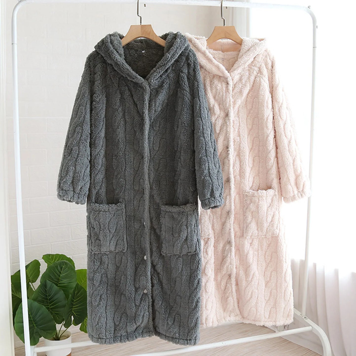 Women'S Loose Hooded Robe Nightgowns With Thick Plush Long Autumn/Winter Coral Fleece Bathrobe With Big Pockets Woman Nightwear