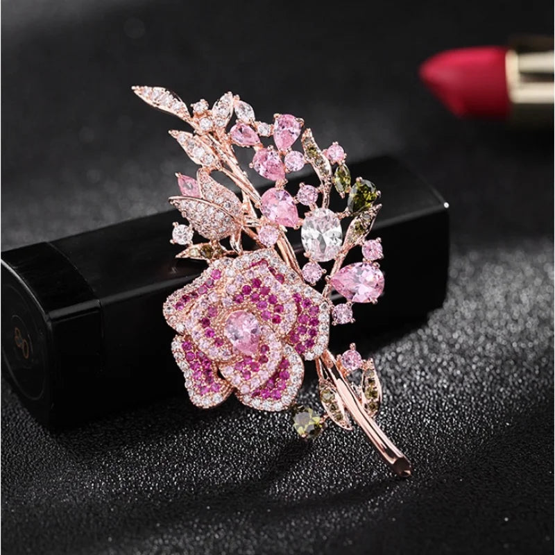 Lady Wedding Pink Branch Flower Brooch Fashion Crystal  Brooch Pin Clothing Accessories Jewelry