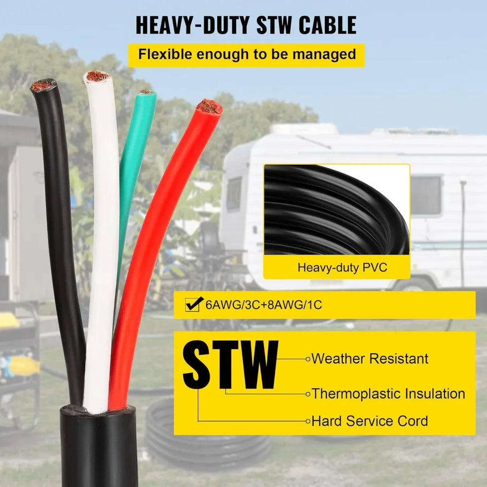 50FT 50Amp Generator Extension Cord 6 Gauge STW RV Power Cord NEMA 14-50P to Bare Wire for Trailer Campers Home