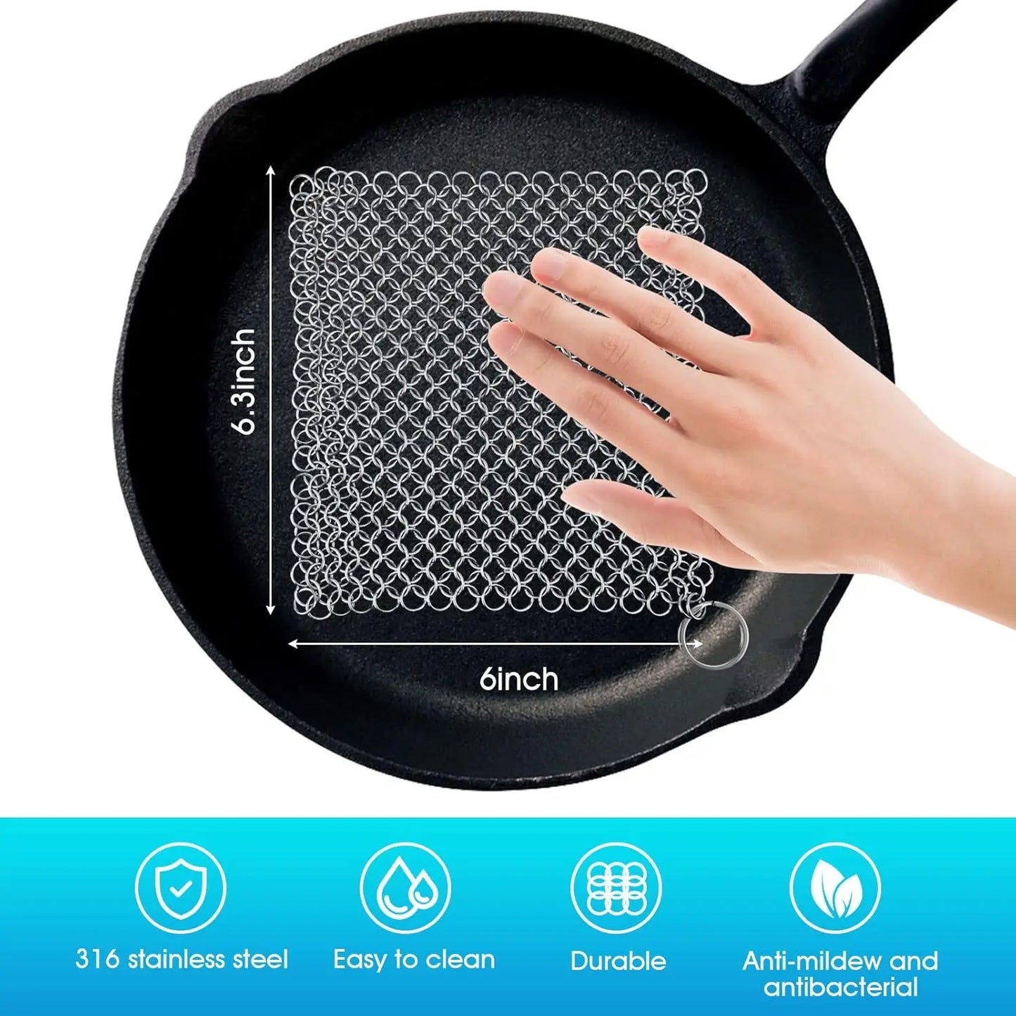316L Stainless Steel Chainmail Scrubber for Cast Iron Pans, Griddles, and Pots - Dishwasher Safe