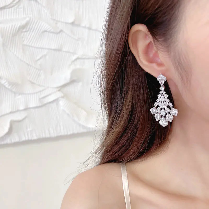 Shiny Cubic Zirconia Inlaid Earrings Waterdrop Petals Heavyweight Dress With Earrings