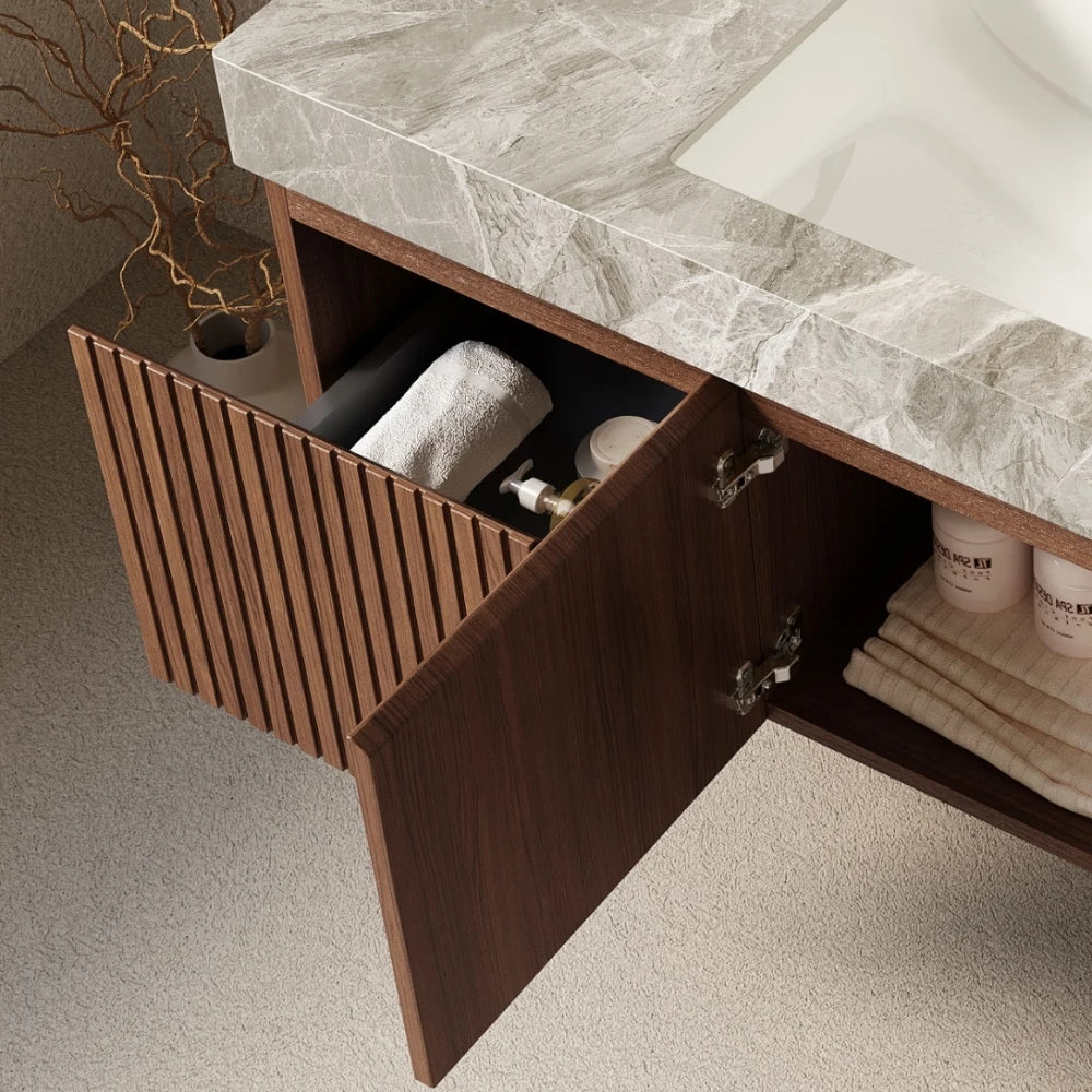 48" Bathroom Vanity with Sink, Wall-Mounted Plywood Bathroom Storage Cabinet with Drawer and Doors, Light Gray Sintered Stone